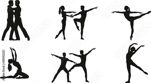 Dance silhouettes, black figures, expressive poses, ballet movement, contemporary style, couple dancing, dramatic gesture, vector art, elegant motion, white background