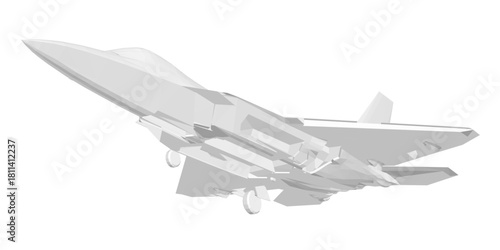 A low poly fighter jet soars through the air in a 3D rendered scene. The combat aircraft features a detailed polygonal design against a clean white background.