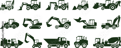 Green silhouette construction vehicle set featuring excavators, tractors, loaders, dump trucks, cement mixer, heavy machinery icons, industrial equipment graphic collection