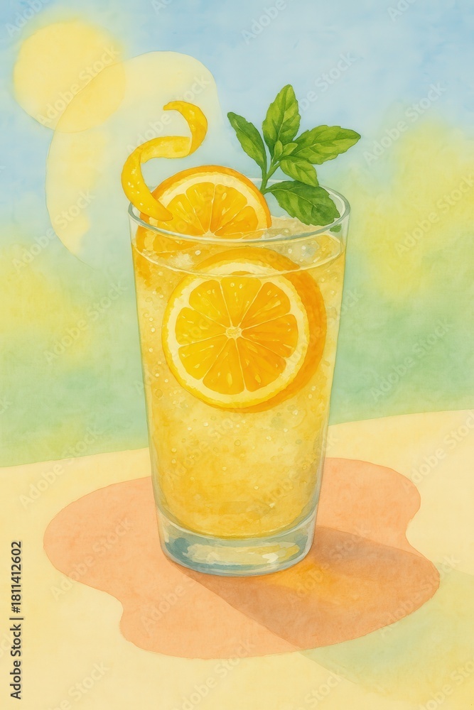 Fototapeta premium Refreshing citrus beverage with sparkling bubbles adorned with lemon slices and mint leaves radiating summer vibes in a cheerful outdoor setting