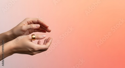 Womans Hands with Gold Ring on Pink Background for Beauty and Fa