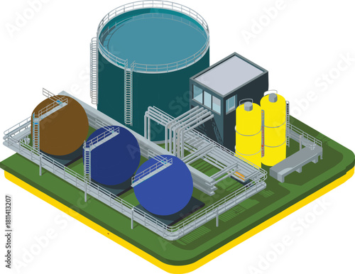 Isometric industrial storage facility with large tanks, spherical containers, pipeline network, processing building, chemical cylinders and modern energy infrastructure layout