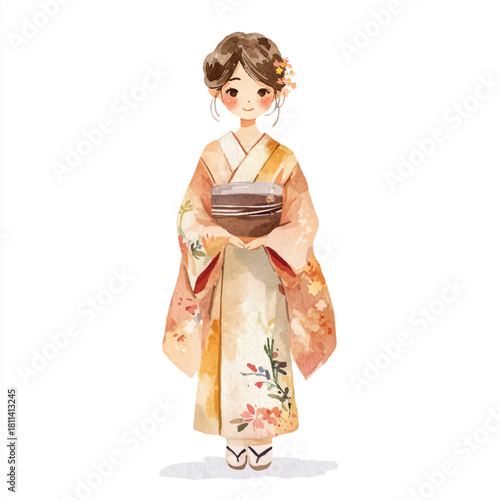 Japanese girl in traditional kimono holding a container.