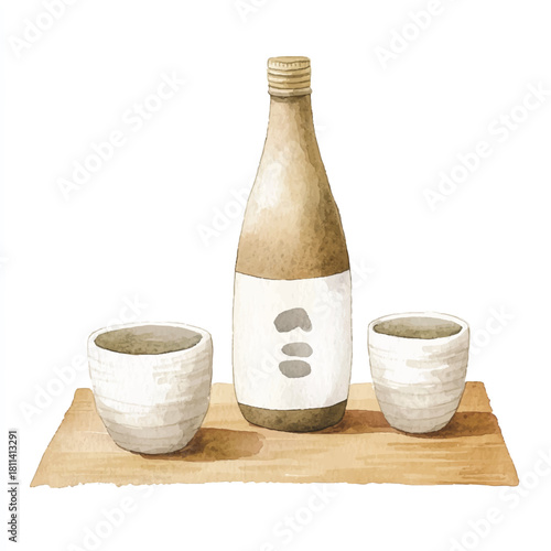 Japanese Sake Bottle with Two Cups on Tray.