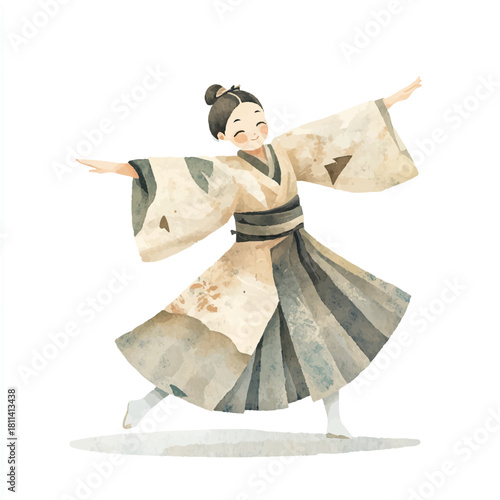 Joyful Japanese dancer in traditional attire gracefully performing a dance.