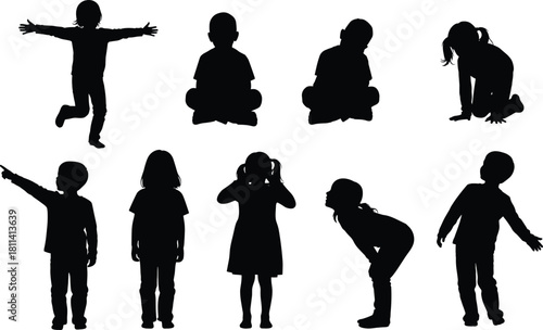 Silhouette children vector set, playful poses, sitting, jumping, pointing, crouching, black figures, expressive motion, childhood activity, design element