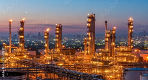 Industrial Marvel at Dusk: Illuminated towers and intricate pipelines define a sprawling industrial complex at dusk, painting a picture of innovation, engineering.