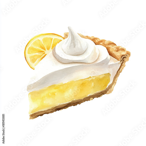 Lemon meringue pie slice creamy filling sweet dessert.