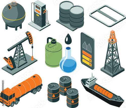 Isometric oil industry equipment collection with refinery icons, fuel transportation truck, oil barrels, gas station, drilling rigs, chemical containers and tanker ship