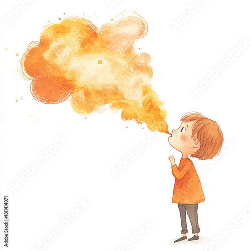 Little boy blowing a large orange cloud or smoke from his mouth.