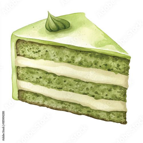 Matcha green tea cake slice with cream frosting.