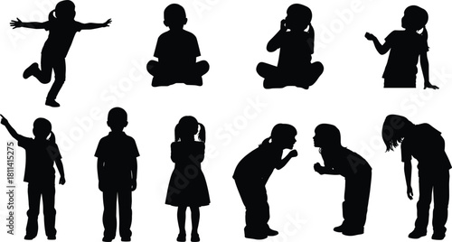 Silhouette children vector set, playful poses, talking, sitting, jumping, pointing, whispering, black figures, expressive motion, childhood activity, design