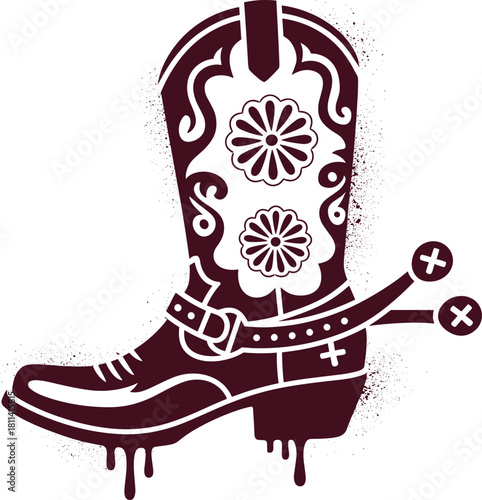 Vintage western cowboy boot illustration with floral patterns, decorative spur details, dripping grunge accents, bold stencil vector artwork design