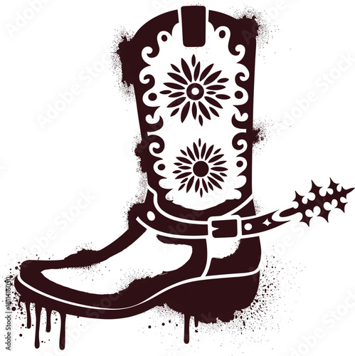 Vintage western cowboy boot illustration with floral patterns, decorative spur details, dripping grunge accents, bold stencil vector artwork design