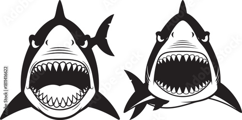 Two fierce shark heads with open mouths silhouette