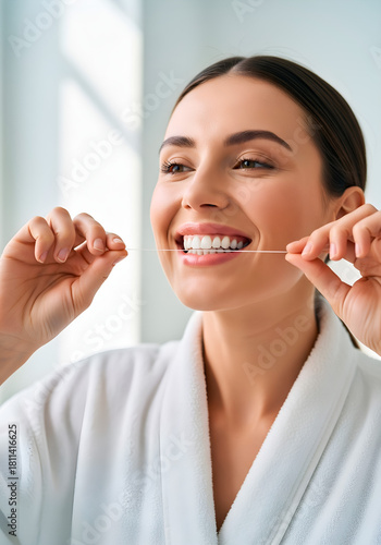 Woman flossing teeth, promoting oral hygiene and healthy smile