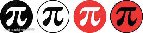 Simple graphic design featuring four circular icons, each presenting the mathematical Pi symbol in distinct black and red color schemes, suitable for educational and scientific branding