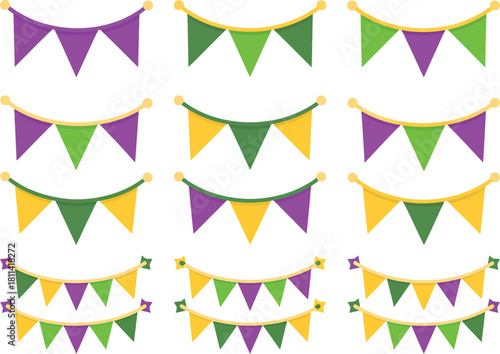 Festive Banner Illustrations Purple, Green, and Gold Triangle Flags for Celebrations
