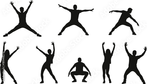 Silhouette fitness dance vector set, workout poses, jumping jacks, squats, black figures, motion, exercise, movement, activity, design