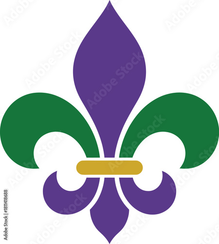 A stylized fleur-de-lis symbol in purple, green, and gold, representing royalty and elegance