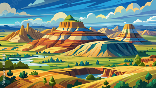 Very beautiful illustration of a stylized Theodore Roosevelt National Park landscape, featuring layered buttes, wide open prairies, soft rolling hills, and a vibrant blue sky in a clean travel-poster 