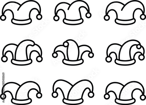 A collection of nine black outline jester hat icons, each featuring three pointed peaks with decorative curls and small round pompoms at the crown