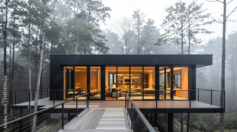 Fototapeta premium Elevated black cabin retreat in a foggy forest