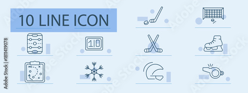 Ice hockey set icon. Line icons showing puck, stick, helmet, goal net, skate, rink, score display, clipboard, snowflake, whistle