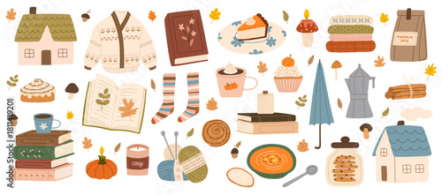 Hygge set. Hand drawn Scandinavian autumn elements. Cute sweater, knitting, candles, hot drink, pie, pumpkin spice latte, leaves. Comfortable lifestyle, cozy vibes. Vector flat illustration.