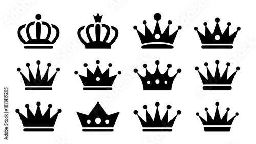 Set of black crown icons representing royalty, leadership, success, and achievement. various regal symbols for design, branding, and victorious concepts.