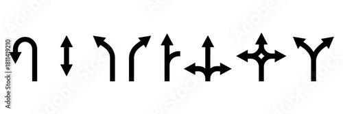 Directional arrow symbols set with various navigation signs including u-turn, double arrow, curved turns, split, merge, and crossroads options