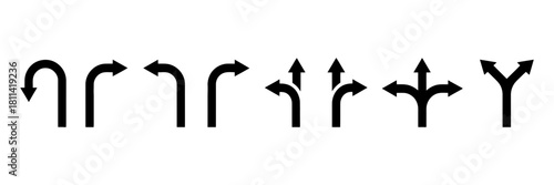 Set of diverse black arrow icons illustrating various turns, directions, navigation, choices, and decision-making paths on a clean background