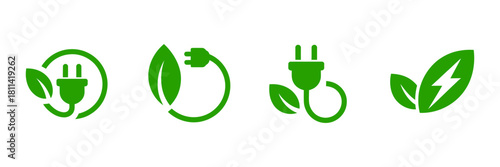 Green energy icons set with power plug and leaf symbols illustrating sustainable electricity sources and eco-friendly power solutions for nature.