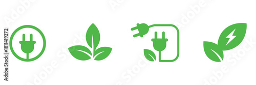 Green energy icons set: power plug, eco-friendly leaves, renewable electricity symbol, clean sustainable power graphic elements isolated.