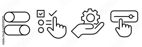 User interface settings, control, and interaction line icons. toggles, checklist, gear, and slider elements for web and app design interfaces.