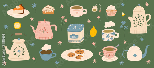 Tea time hand drawn elements. Set of hot drink, sweet desserts, cookies, pie, cinnamon roll, ceramic cups and teapots. Cozy autumn mood. Vector flat illustration.