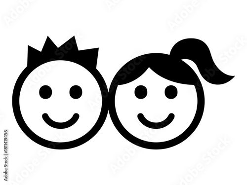 Joyful minimalist cartoon faces of a boy and a girl, black and white simple line art illustration, symbolizing childhood, friendship, and positive emotions.