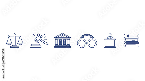 Legal and justice system line icons set: scales, gavel, courthouse, handcuffs, witness stand, law books, representing law, order, justice, and crime