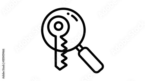 Searching for key solution icon outline, magnifying glass over a key symbol, abstract concept of security, access, privacy, and finding answers