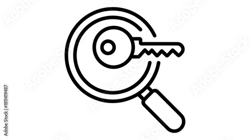 Magnifying glass and key outline icon, symbolizing keyword research, secure digital access, password management, data retrieval, solution finding.