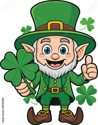 Cartoon leprechaun dressed in green, holding a four-leaf clover and giving a thumbs-up gesture, symbolizing good luck and Irish folklore