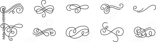 Elegant vintage calligraphic swirl set, ornate decorative flourish collection, classic filigree ornament group, swirl, curl, divider, scroll, border element, black line art design vector illustration
