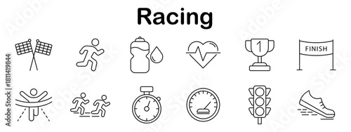 Racing set icon. Line style racing symbols showing runners, flags, stopwatch, finish line, trophy, heart rate, bottle, traffic light, and speedometer