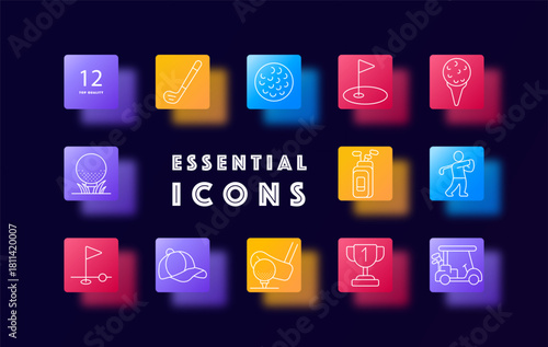 Golf set icon. Golf club, flag hole, tee, golf ball, swing motion, cap, trophy, golf cart, driver, iron, putting stroke, course grass, ice cream cone.