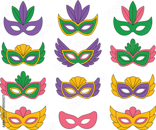 Colorful Mardi Gras Masks for Festive Celebrations, Vector Graphics