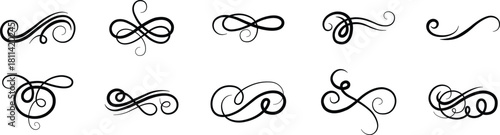 Elegant vintage calligraphic swirl set, ornate decorative flourish collection, classic filigree ornament group, swirl, curl, divider, scroll, border element, black line art design vector illustration