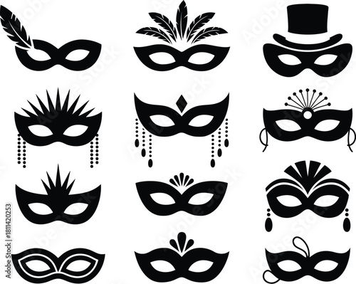 Assortment of festive black silhouette Venetian masks with decorative elements like feathers, curls, and dangling beads