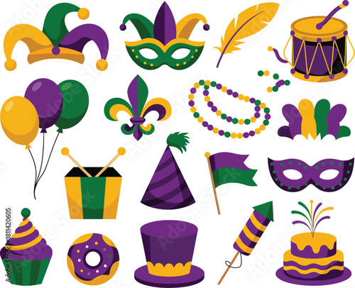 A festive collection of Mardi Gras celebration icons, including a jester hat, masquerade mask, fleur-de-lis, beads, and a drum, all in traditional purple, green, and gold colors