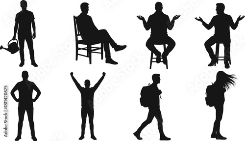 Silhouette people vector set, sitting, standing, walking, watering, gesturing, backpack, black figures, lifestyle pose, motion, activity, design