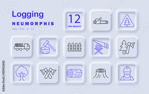 Logging set icon. Chainsaw, truck, axe, stump, log, tree, fence, forest worker, crosscut, loader, warning sign, lumber industry scene with tools, deforestation, timber, work, equipment.